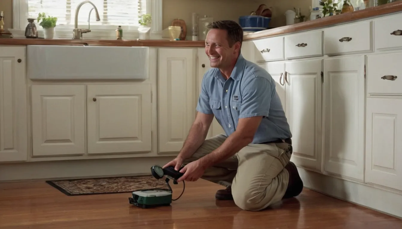 A friendly local pest control provider checking a kitchen baseboard with a homeowner in Manassas